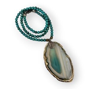 Blue Agate Slice Necklace Banded Gemstone Pendant Turquoise Bead Bohemian 16.25"